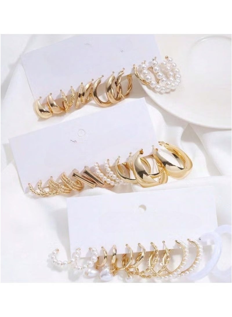 Huitich 18-Piece Gold Colour Hoop & Pearl Earrings Set – Elegant & Versatile Jewelry Collection - Image 2