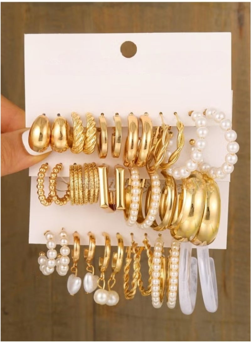 Huitich 18-Piece Gold Colour Hoop & Pearl Earrings Set – Elegant & Versatile Jewelry Collection - Image 3