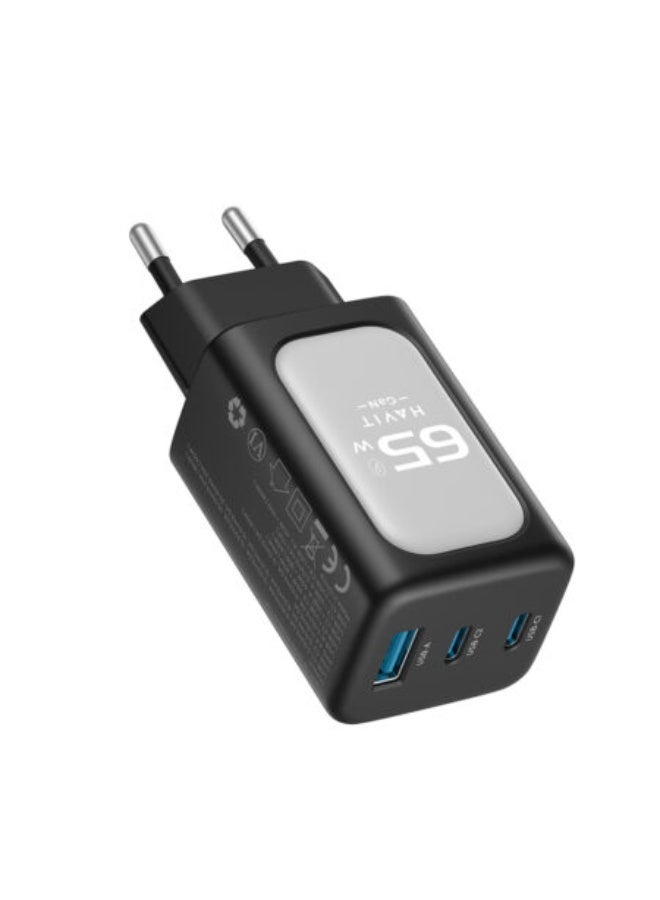 havit wall charger 65 W Fast Charging with GAN technelogy 3 ports Safe for Your Phone model UC260 - Black - Image 2