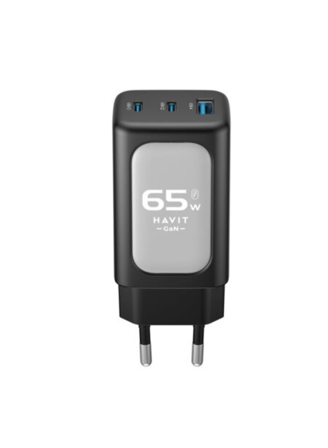 havit wall charger 65 W Fast Charging with GAN technelogy 3 ports Safe for Your Phone model UC260 - Black - Image 1