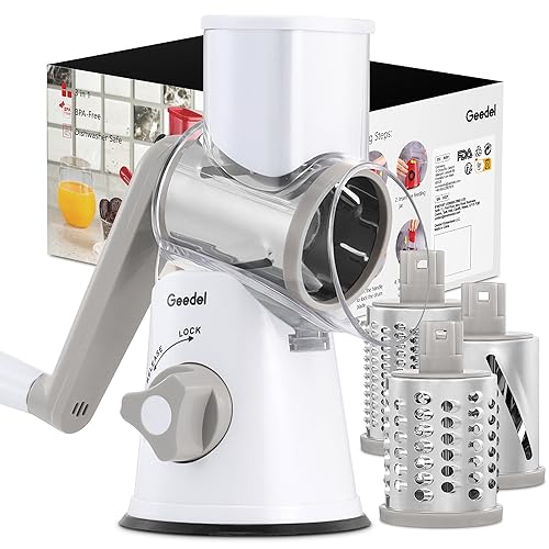Geedel Rotary Cheese Grater Kitchen Mandoline Vegetable Slicer with 3 Interchangeable Blades Easy to Clean Rotary Grater Slicer for Cheese Vegetables Nuts - Image 1