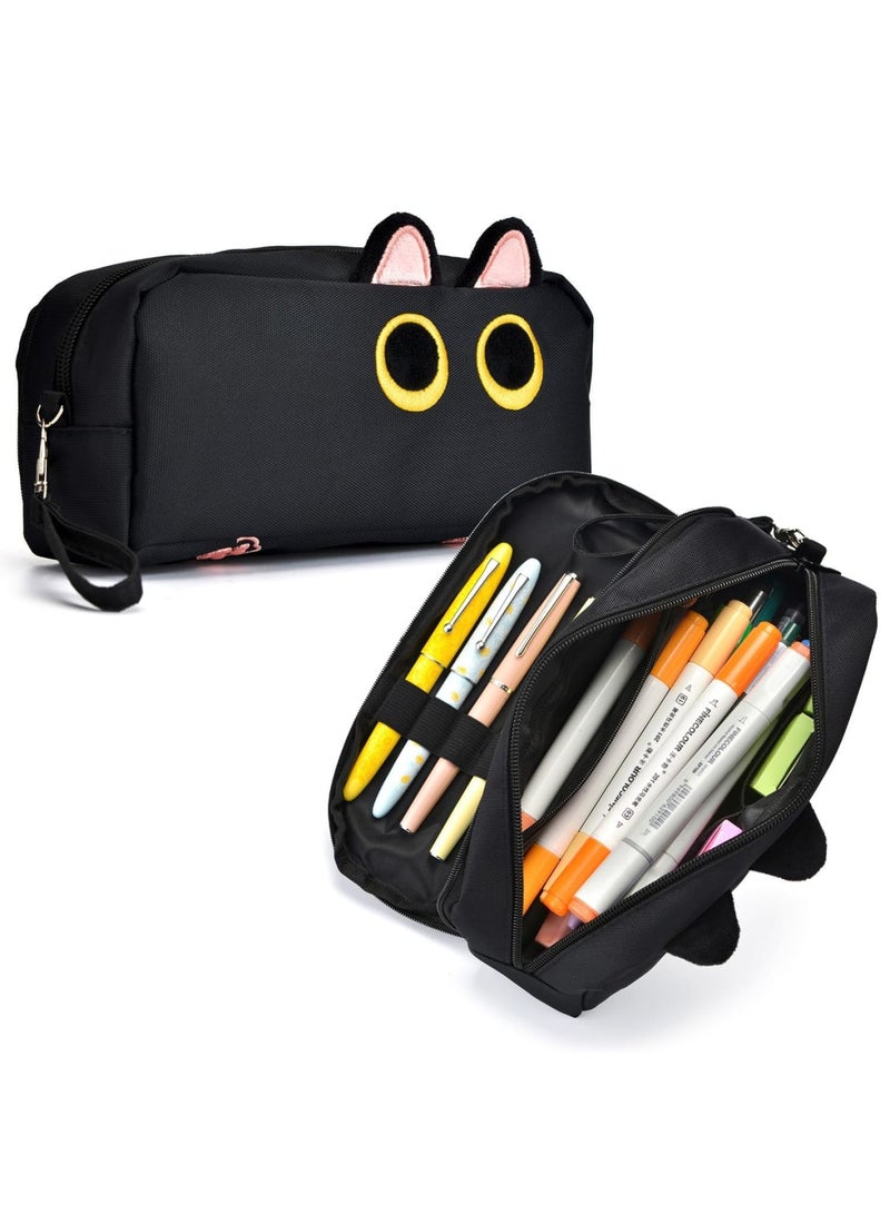 SYOSI Large Capacity Pencil Case Black Color, 3D Black Cat Pen Bags Pencil Pouch Organizer, Canvas Storage Pouch Marker Pen Case Simple Stationery Bag for Office College School Student - Image 2