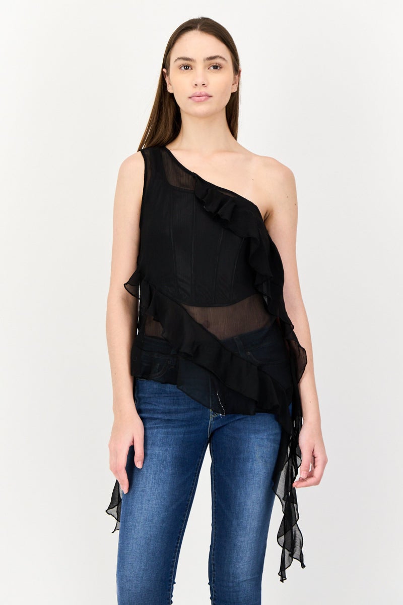 Cropp Women Asymmetrical Neck Sleeveless Frill Detail Top, Black - Image 1