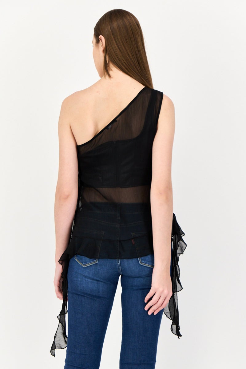 Cropp Women Asymmetrical Neck Sleeveless Frill Detail Top, Black - Image 3