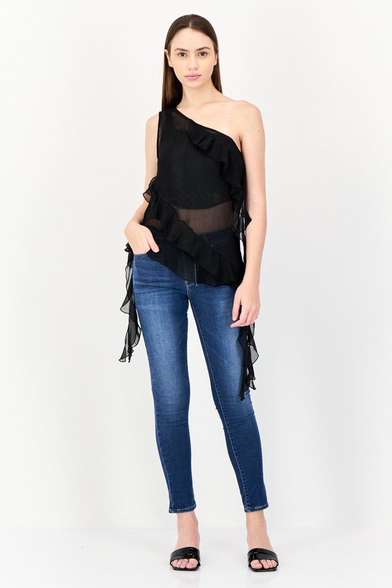 Cropp Women Asymmetrical Neck Sleeveless Frill Detail Top, Black - Image 2