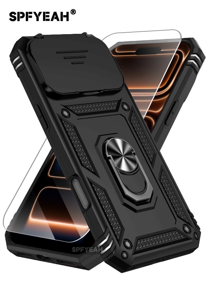 SPFYEAH [2-in-1] iPhone 17 Pro Max Case with HD Tempered Glass Screen Protector, Slide Camera Cover, Built-in 360° Rotate Ring Kickstand, Heavy Duty Shockproof Drop Proof Protective Case for iPhone 17 Pro Max 6.9 inch (Black, 1+1 Pack) - Image 1