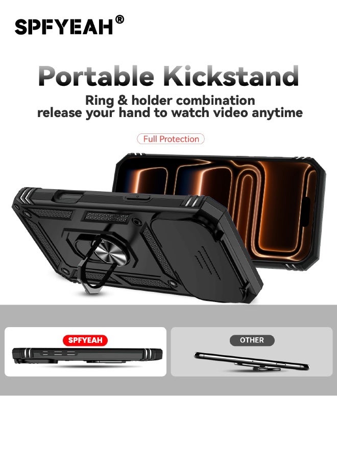 SPFYEAH [2-in-1] iPhone 17 Pro Max Case with HD Tempered Glass Screen Protector, Slide Camera Cover, Built-in 360° Rotate Ring Kickstand, Heavy Duty Shockproof Drop Proof Protective Case for iPhone 17 Pro Max 6.9 inch (Black, 1+1 Pack) - Image 3