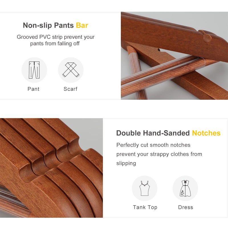 TOPIA HANGER Wooden Hangers 30 Pack, Wood Clothes Hangers, Durable Coat Hanger with 360-Degree Rotatable Hook, Non-Slip Pants Bar and Shoulder Notches for Camisole Tops (Walnut) - CT34WA30 - Image 2