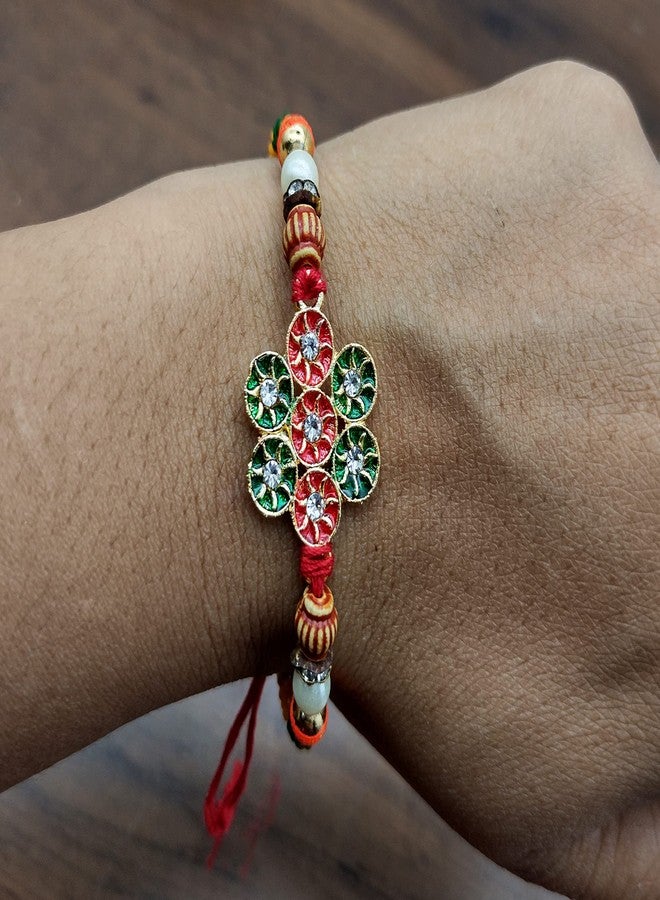 brown leaf® Red Thread Diamond Shape Golden Finish Rakhi Bracelet For Rakshabandhan For Brother & Family Combo (Set Of 2) - Image 4