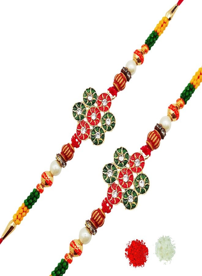 brown leaf® Red Thread Diamond Shape Golden Finish Rakhi Bracelet For Rakshabandhan For Brother & Family Combo (Set Of 2) - Image 1