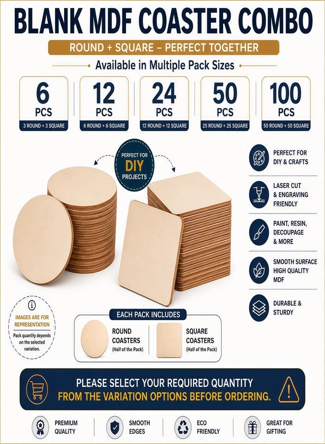 SWAGSTATION مجموعة SWAGSTATION من قطع MDF فارغة لأعمال DIY، والفنون، والديكوباج، والوسائط المتعددة، وسجلات القصاصات، ومستلزمات الحرف اليدوية. قواعد أكواب مربعة ودائرية فارغة مقاس 4 بوصة، 12 قطعة - Image 3