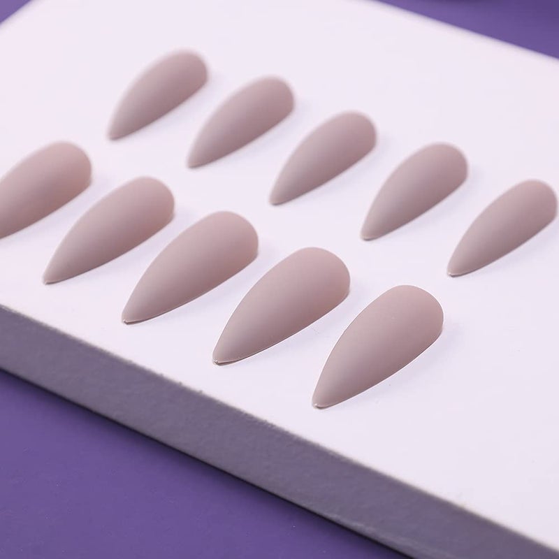 morily 24pcs Fake Nails Matte Pure Color Medium Long Stiletto Almond Press on Nail False Tips Artificial Finger Manicure for Women (Nude) - Image 3
