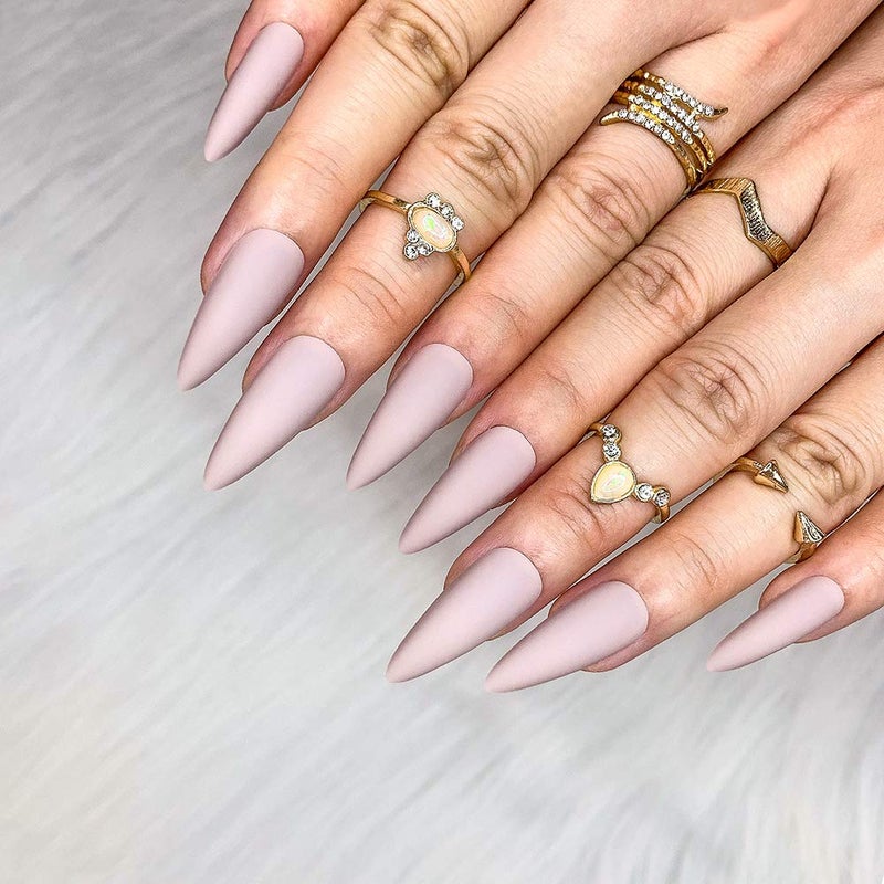 morily 24pcs Fake Nails Matte Pure Color Medium Long Stiletto Almond Press on Nail False Tips Artificial Finger Manicure for Women (Nude) - Image 1