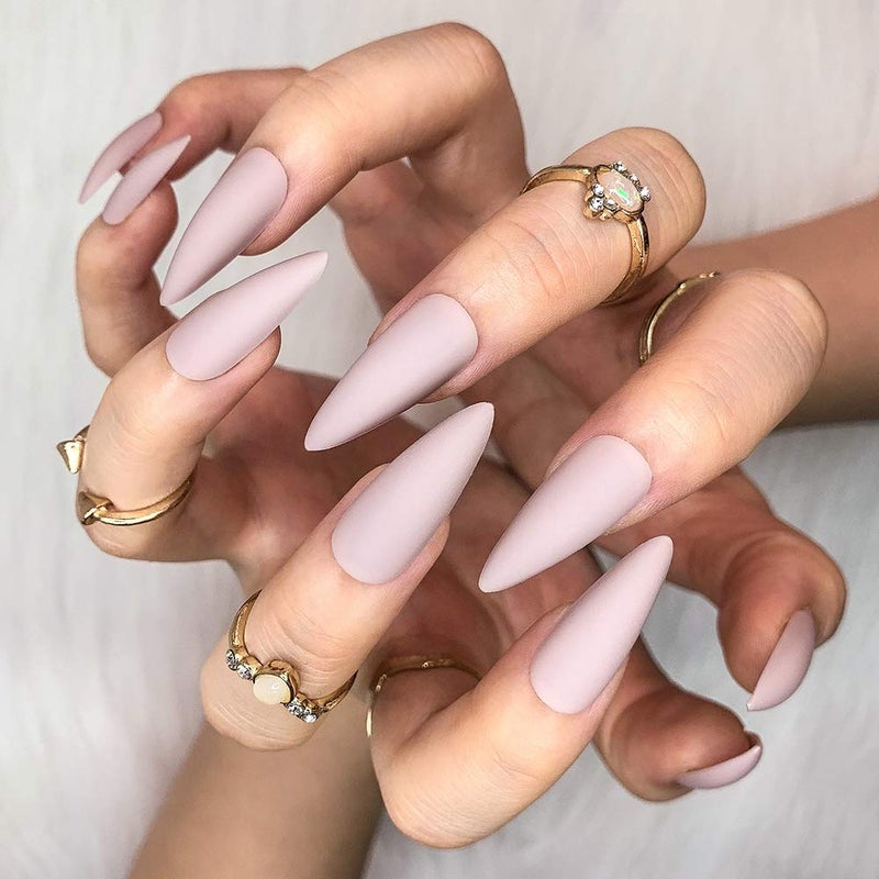 morily 24pcs Fake Nails Matte Pure Color Medium Long Stiletto Almond Press on Nail False Tips Artificial Finger Manicure for Women (Nude) - Image 2