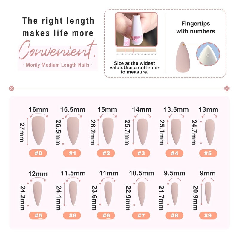 morily 24pcs Fake Nails Matte Pure Color Medium Long Stiletto Almond Press on Nail False Tips Artificial Finger Manicure for Women (Nude) - Image 4