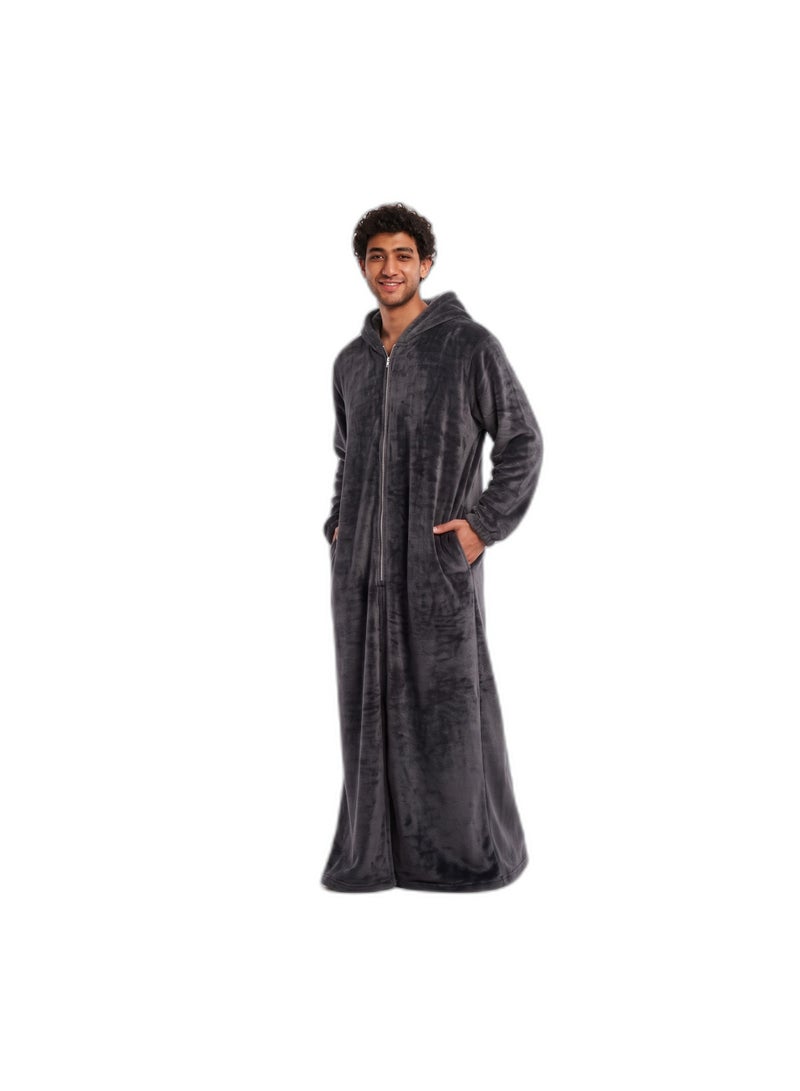 Men's Long Hooded Fleece Robe - Full Zip Plush Lounge Robe with Side Pockets and Elastic Cuffs - Charcoal Grey