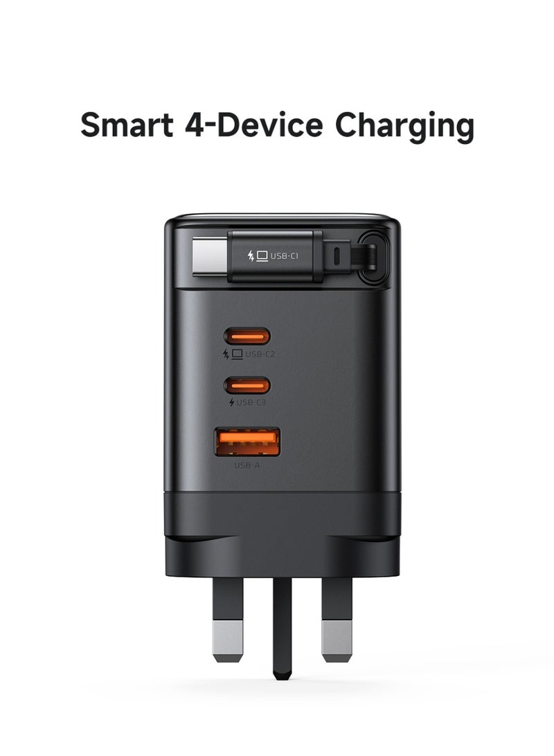 Mcdodo CH-8450 100W GaN Charger UK Plug 3C+1A with Built-in 65cm Retractable USB-C Cable Black Multi-Port Fast Charging Wall Adapter - Image 5