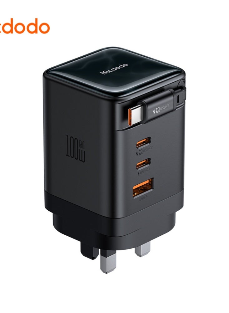 Mcdodo CH-8450 100W GaN Charger UK Plug 3C+1A with Built-in 65cm Retractable USB-C Cable Black Multi-Port Fast Charging Wall Adapter - Image 2