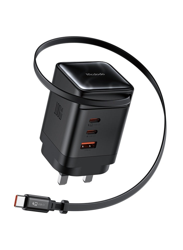 Mcdodo CH-8450 100W GaN Charger UK Plug 3C+1A with Built-in 65cm Retractable USB-C Cable Black Multi-Port Fast Charging Wall Adapter - Image 1