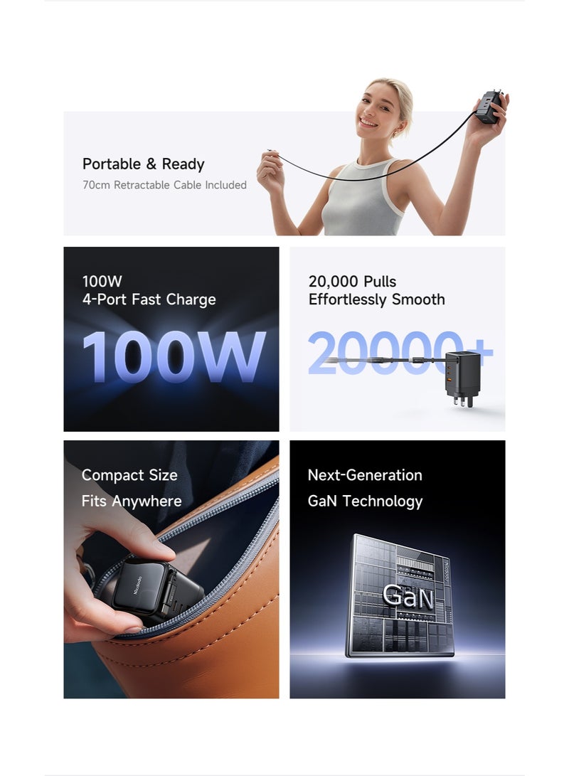 Mcdodo CH-8450 100W GaN Charger UK Plug 3C+1A with Built-in 65cm Retractable USB-C Cable Black Multi-Port Fast Charging Wall Adapter - Image 4