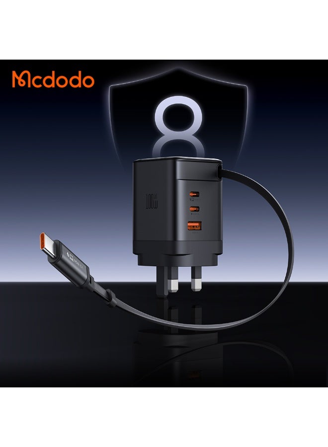 Mcdodo CH-8450 100W GaN Charger UK Plug 3C+1A with Built-in 65cm Retractable USB-C Cable Black Multi-Port Fast Charging Wall Adapter - Image 3
