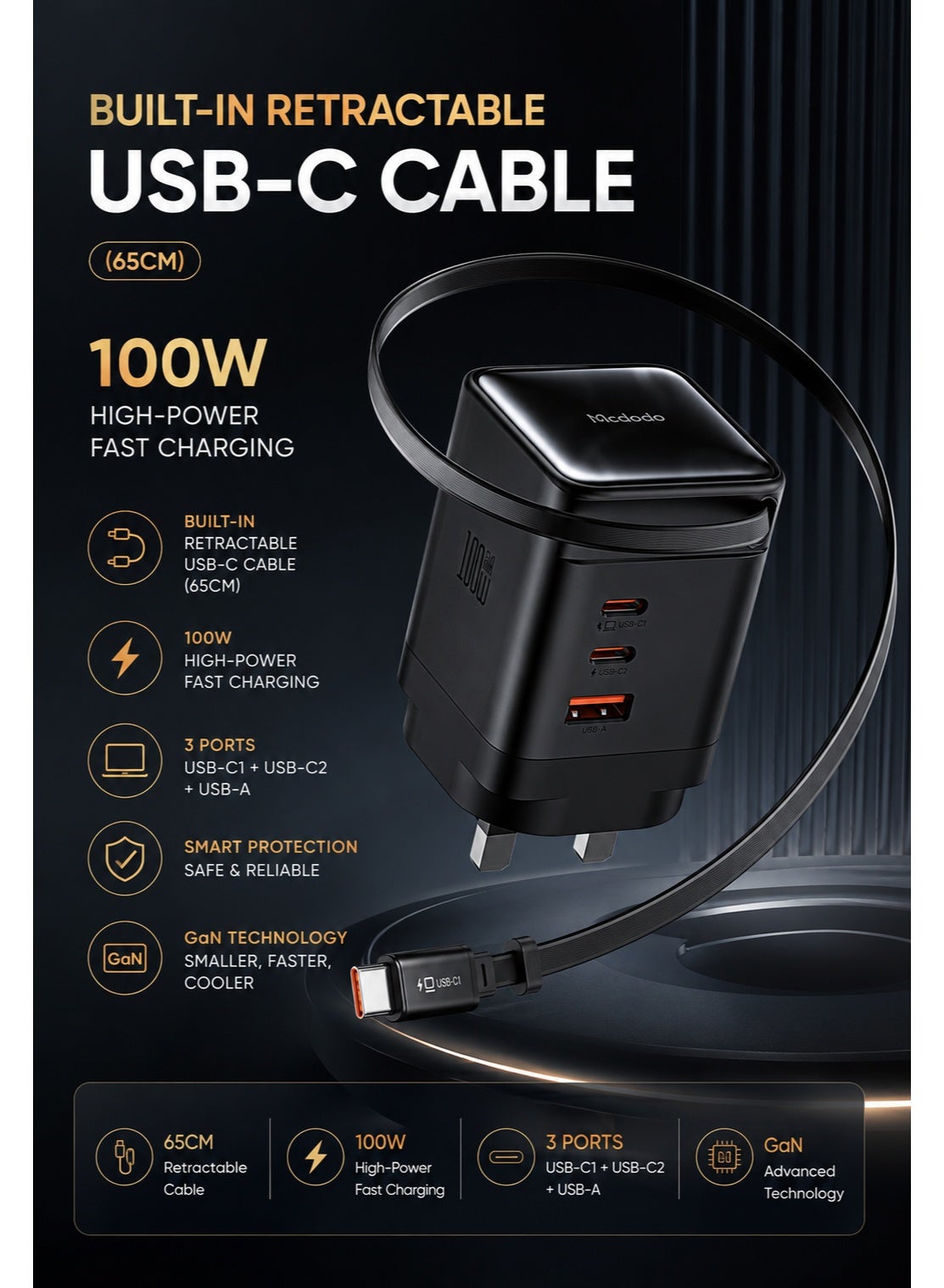 Mcdodo CH-8450 100W GaN Charger UK Plug 3C+1A with Built-in 65cm Retractable USB-C Cable Black Multi-Port Fast Charging Wall Adapter