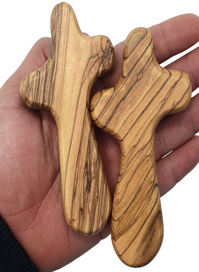 Zuluf Set of 2 Olive Wood Holding Comfort Crosses 4.2" - Holy Land Wooden Prayer Hand Cross - Palm Cross to Hold - Christian Gift with Certificates CRS099 - Image 1