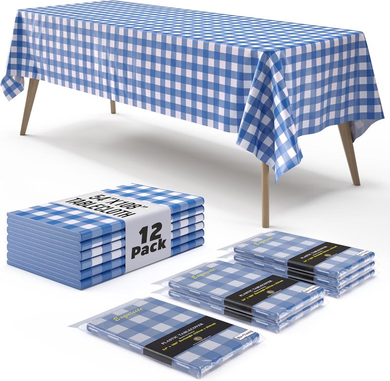 Exquisite Picnic Table Cover - 12 Pack Premium Rectangle Plastic Tablecloth - Blue & White Checkered BBQ Plastic Table Cover - Gingham Checkerboard Disposable Plastic Tablecloth 54" x 108" Rectangle - Image 1