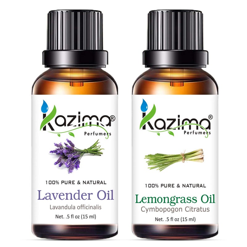 KAZIMA Combo of Lavender Oil and Lemongrass Oil - 100% Pure Essential Oil for Hair Growth, Skin Care, Aromatherapy, 15 ml each - Image 1