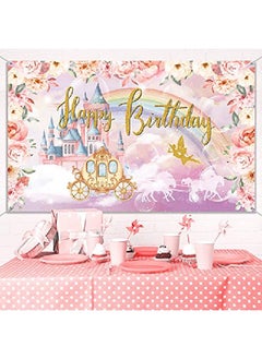 Tatuo Princess Birthday Party Decorations Supplies Princess Theme Backdrop Background Banner For Girl Birthday Party Favor Gold And Pink Royal Castle Carriage Crown Floral Photography Booth Cake Table Decor  - Image 5