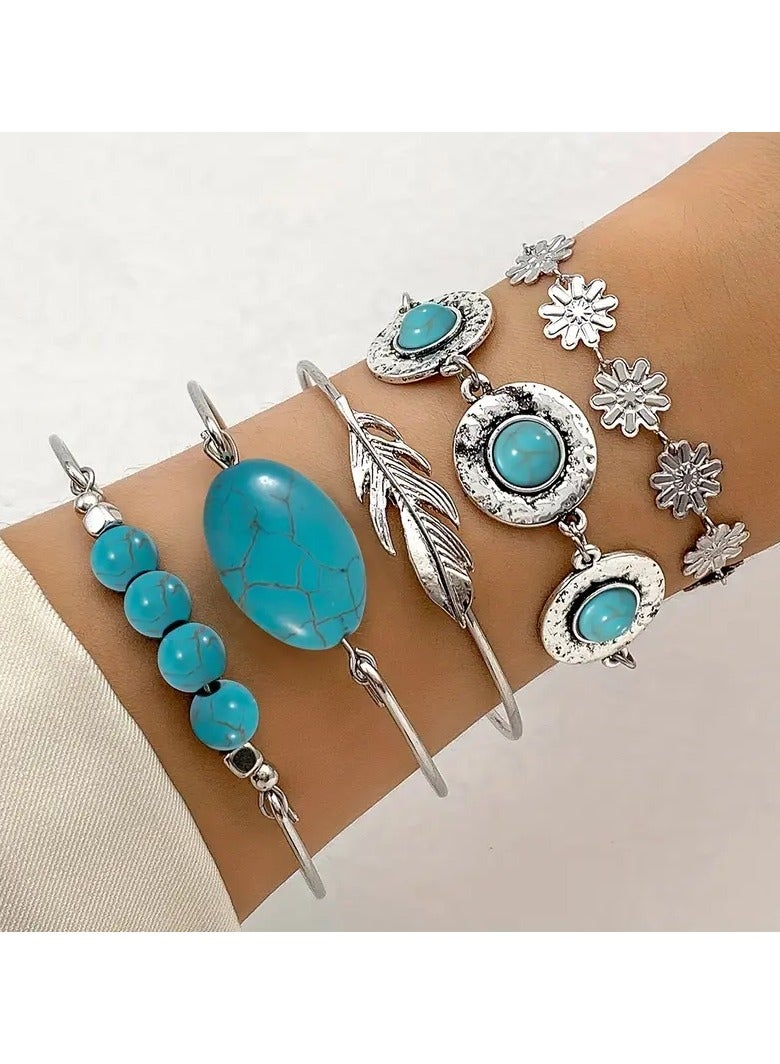 Goolsky مجموعة مجوهرات عتيقة مرصعة بالفيروز، أسلوب عرقي متعدد الاستخدامات، مجموعة من خمسة قطع مع سوار للنساء - Image 1