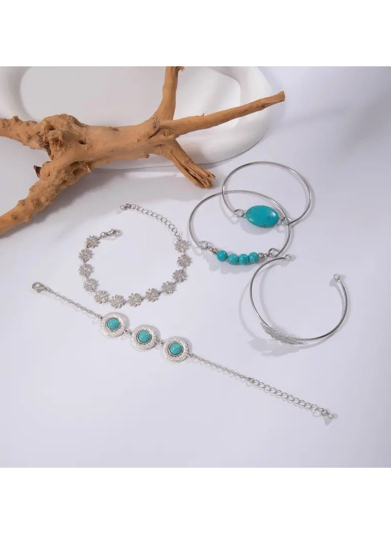 Goolsky مجموعة مجوهرات عتيقة مرصعة بالفيروز، أسلوب عرقي متعدد الاستخدامات، مجموعة من خمسة قطع مع سوار للنساء - Image 2