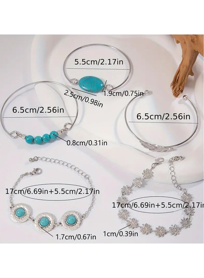 Goolsky مجموعة مجوهرات عتيقة مرصعة بالفيروز، أسلوب عرقي متعدد الاستخدامات، مجموعة من خمسة قطع مع سوار للنساء - Image 3