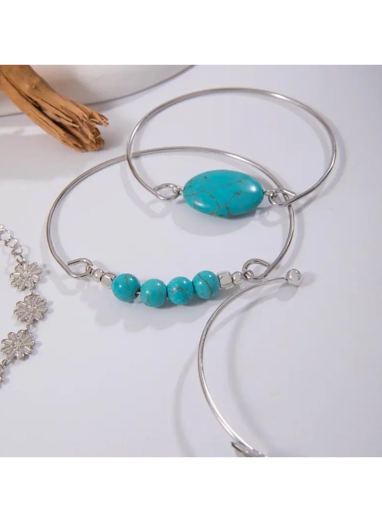 Goolsky مجموعة مجوهرات عتيقة مرصعة بالفيروز، أسلوب عرقي متعدد الاستخدامات، مجموعة من خمسة قطع مع سوار للنساء - Image 4