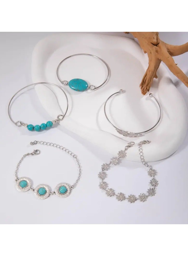 Goolsky مجموعة مجوهرات عتيقة مرصعة بالفيروز، أسلوب عرقي متعدد الاستخدامات، مجموعة من خمسة قطع مع سوار للنساء - Image 5