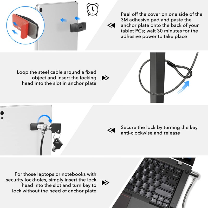 AboveTEK Laptop Lock, Tablet Lock Security Cable, 2 Keys Sturdy Steel iPad Locking Kit w/Adhesive Anchors, Anti Theft Hardware Protection for iPhone Mobile Notebook Computer Monitor MacBook Laptop - Image 5