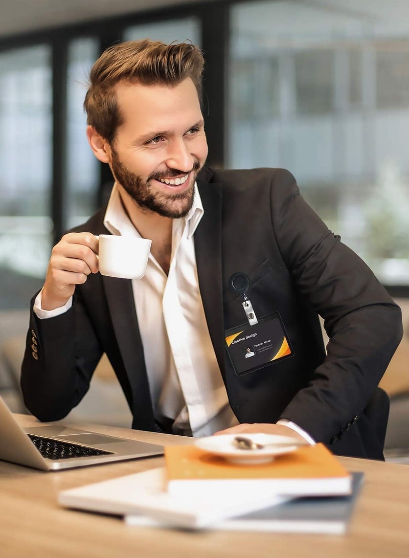 MARKQ [عبوة من 100] بكرة شارة قابلة للسحب باللون الأسود مع مشبك - حامل هوية متين مع حزام فينيل شفاف - بكرة شارة آمنة لبطاقات الهوية والمفاتيح - Image 5