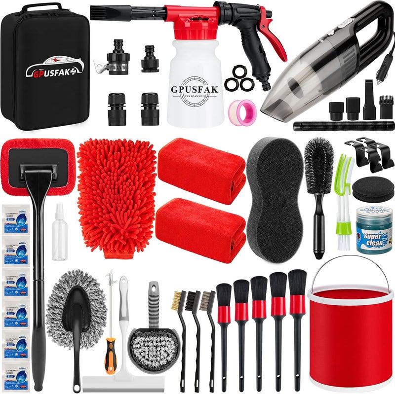 GPUSFAK 46Pcs Car Wash Cleaning Kit with Foam Gun Sprayer Detailing Brushes Car Vacuum Collapsible Bucket Windshield Cleaning Tool Tire Brush Towels Complete Interior Exterior Detailing Set for Car - Image 1