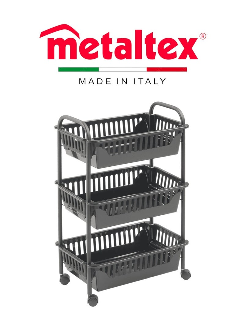 Metaltex سلة تخزين متعددة الأغراض من ميتالتكس أوسلو 3 طبقات - عربة متحركة بعجلات دوارة 360°، طلاء تاتش-ثيرم® وسلال PP - لافا - Image 1