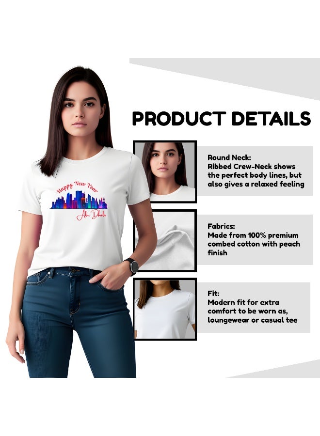 Happy New Year Abu Dhabi Themed Womens T-Shirt-Celebrate With Abu Dhabi Round Neck T-Shirt-Perfect New Year's Gift For Womens - Image 4