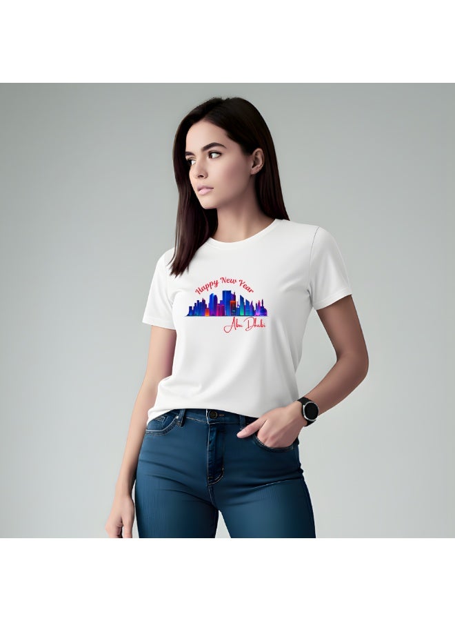 Happy New Year Abu Dhabi Themed Womens T-Shirt-Celebrate With Abu Dhabi Round Neck T-Shirt-Perfect New Year's Gift For Womens - Image 3