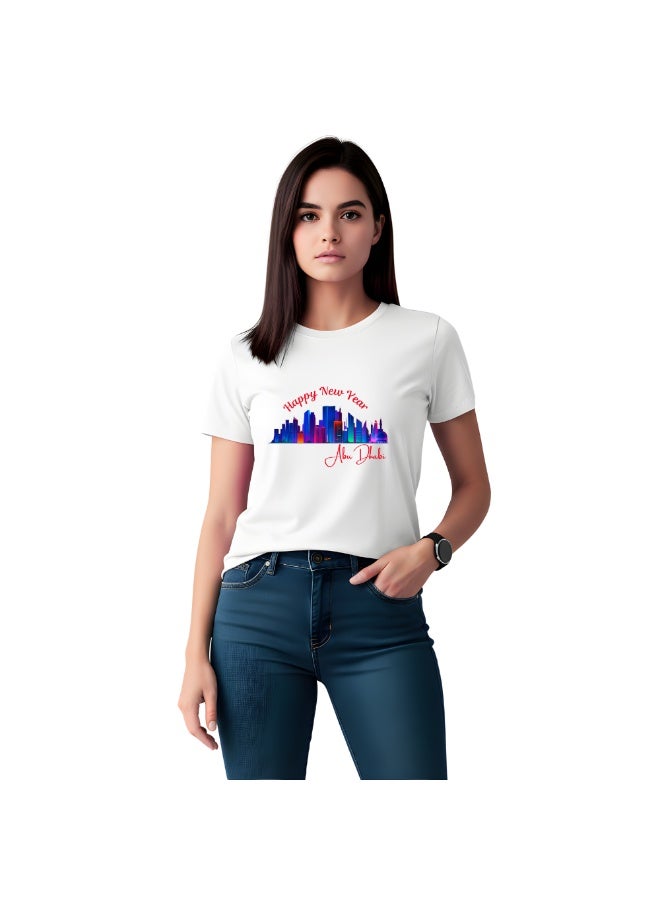 Happy New Year Abu Dhabi Themed Womens T-Shirt-Celebrate With Abu Dhabi Round Neck T-Shirt-Perfect New Year's Gift For Womens - Image 1