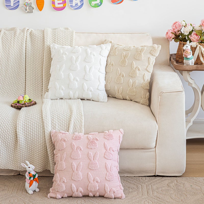 Pink Bent Eared Rabbit Embroidery Pillow Cover 17 72x17 72 Inch Zipper Closure Minky Material - Image 2