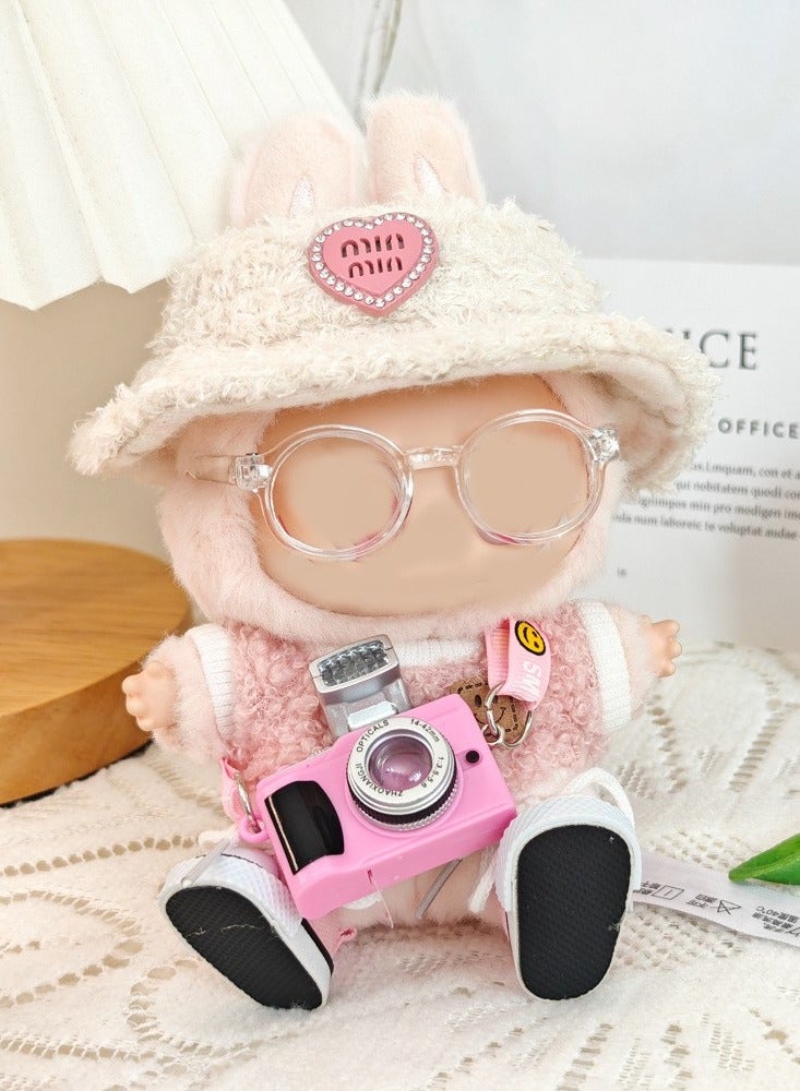 5-piece Laboo Clothing Set - Laboo Clothing, 17cm Laboo Doll Chic Style Set - Clothing + Light Pink Heart-shaped Velvet Hat + Small Pink Camera + Glasses + Canvas Shoes (Doll Not Included) - Image 1