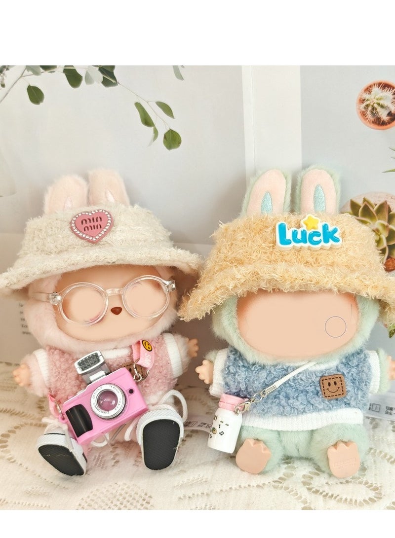 5-piece Laboo Clothing Set - Laboo Clothing, 17cm Laboo Doll Chic Style Set - Clothing + Light Pink Heart-shaped Velvet Hat + Small Pink Camera + Glasses + Canvas Shoes (Doll Not Included) - Image 2