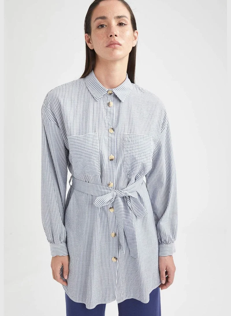 DeFacto Modest- Belted Long Sleeve Tunic Shirt With Buttons