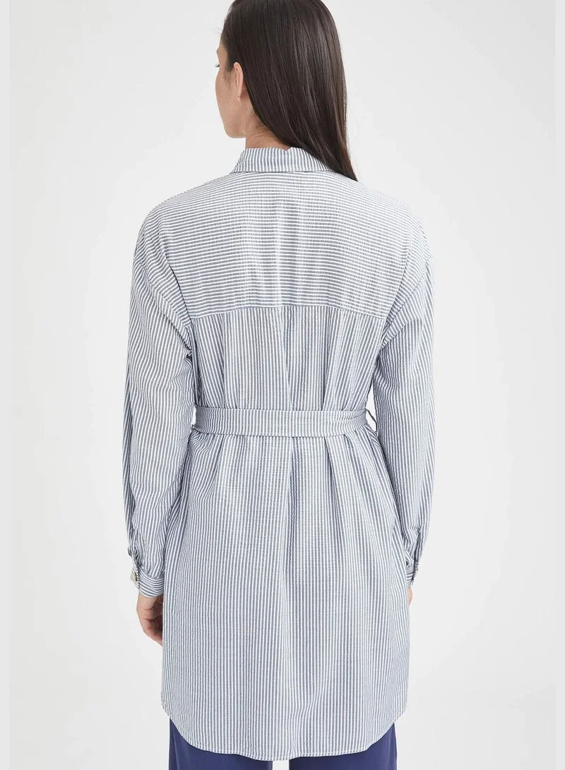 DeFacto Modest- Belted Long Sleeve Tunic Shirt With Buttons
