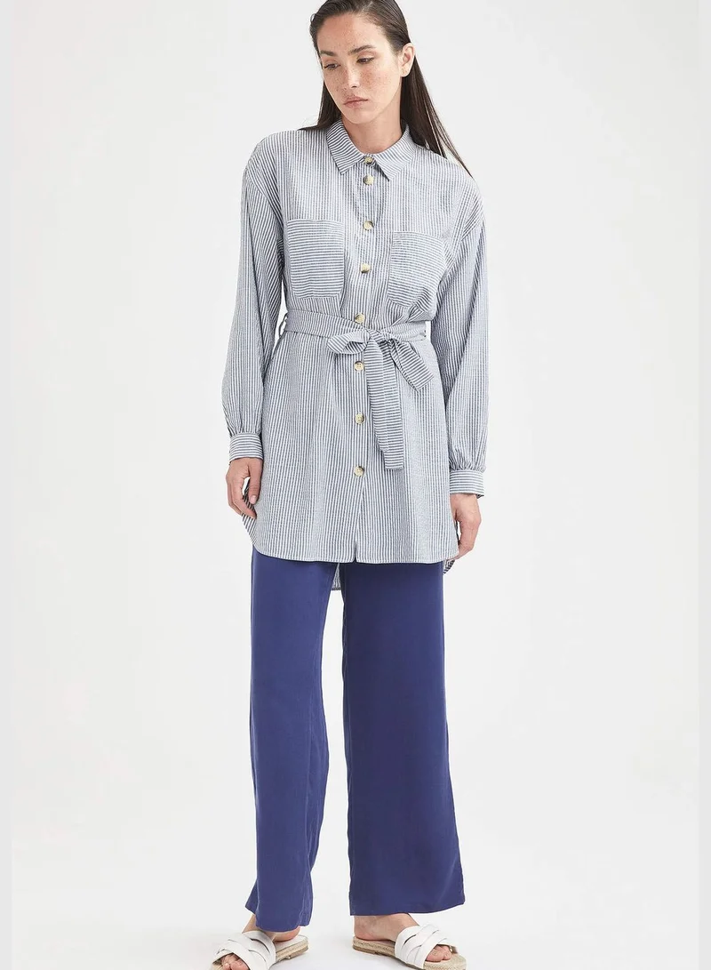 DeFacto Modest- Belted Long Sleeve Tunic Shirt With Buttons
