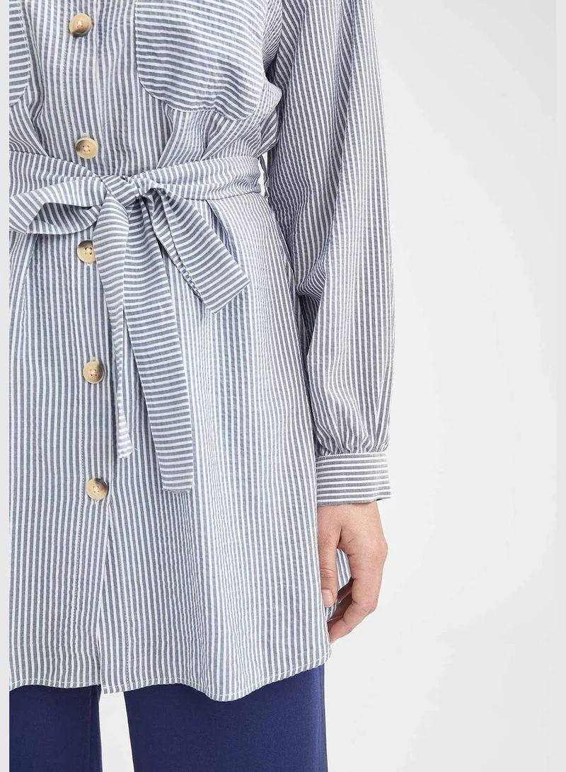 DeFacto Modest- Belted Long Sleeve Tunic Shirt With Buttons