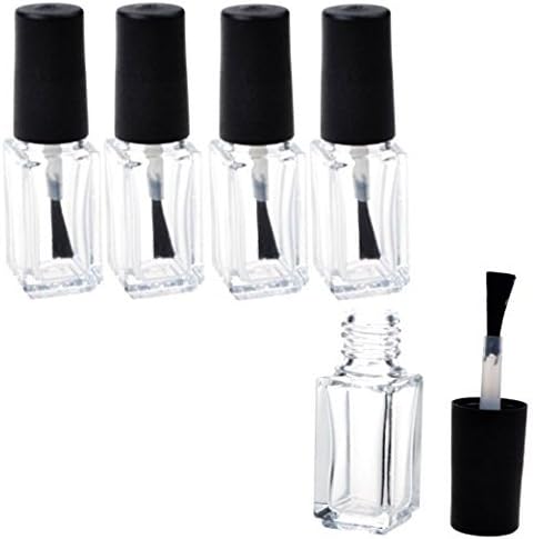 5 PCS 3ML Empty Transparent Glass Square Bottom Shape Nail Polish Clear Bottles with Balck Cap and Soft Nail Brush for Travel and Home
